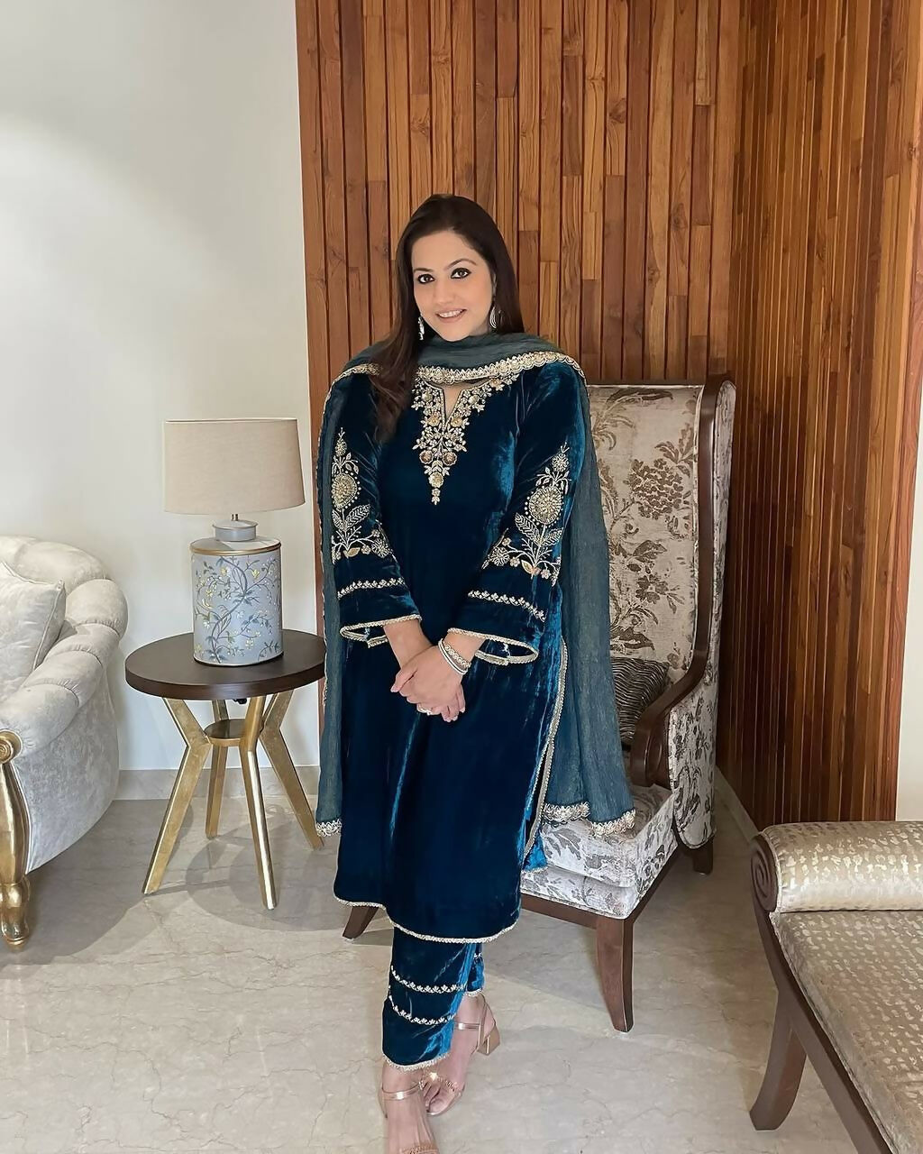 Vastranavya Teal Velvet Cording Sequence Embroidery Work Suit With Dupatta - Distacart