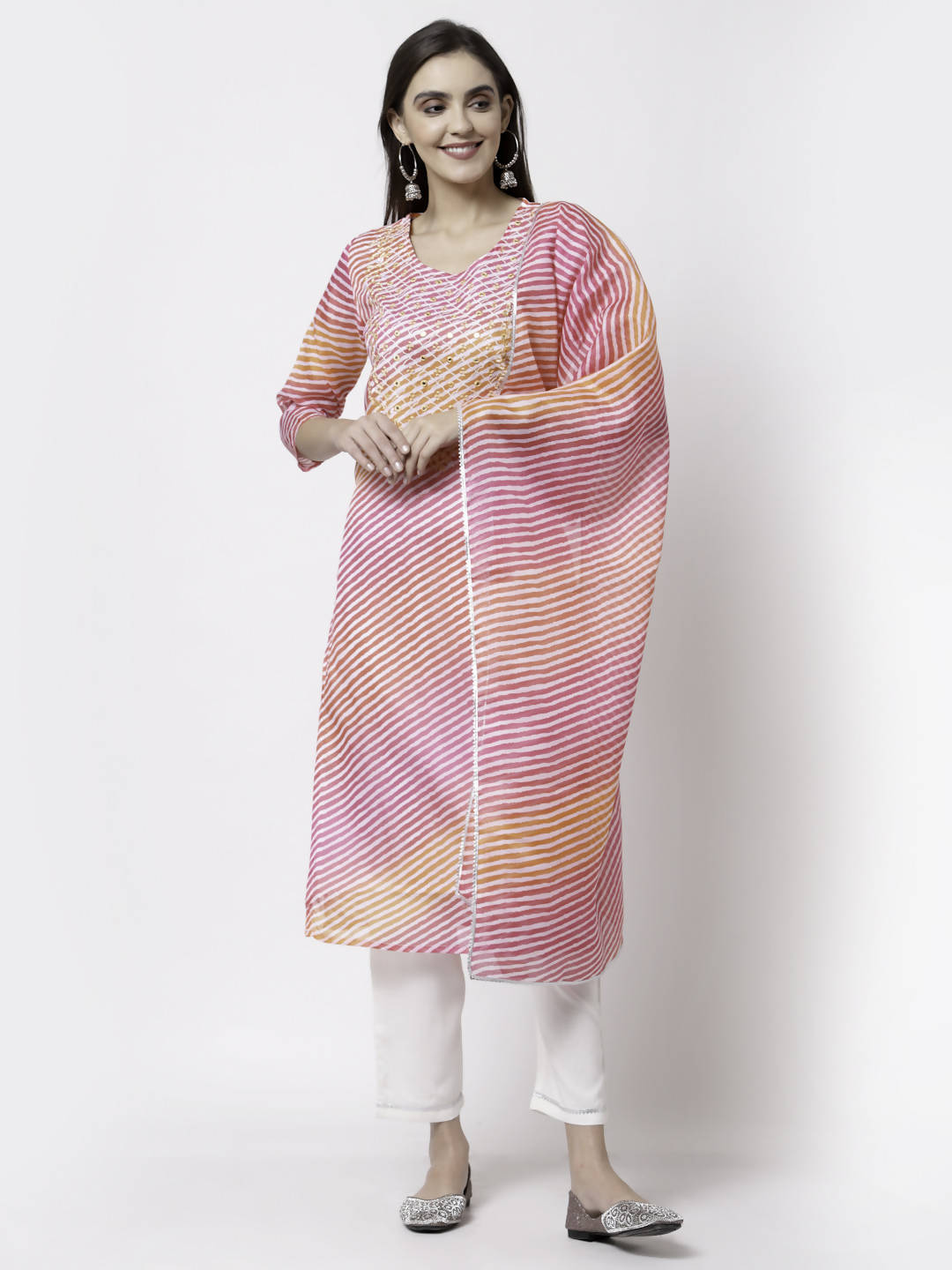 Myshka Pink Pure Cotton Printed 3/4 Sleeve Round Neck Kurta Pant Dupatta Set