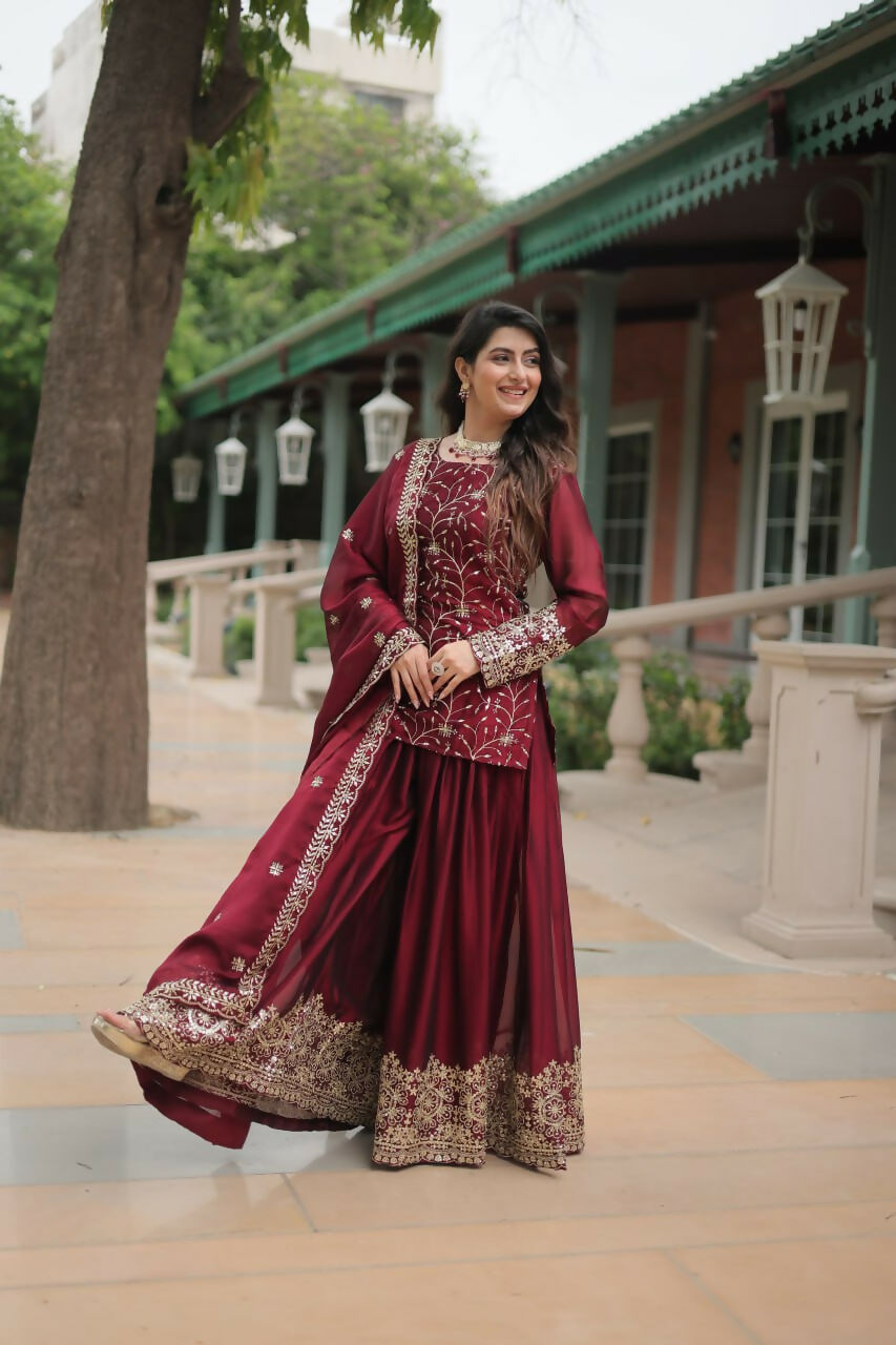 Vastranavya Premium Designer Heavy Sequins & Thread Embroidered work Kurti Palazzo & Dupatta - Maroon