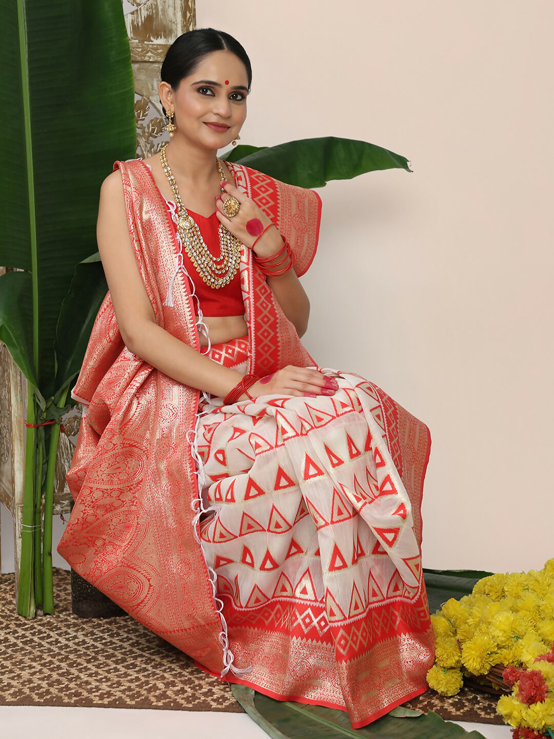 Shree Shyam Fashion Linen Cotton Red & White Saree - Distacart
