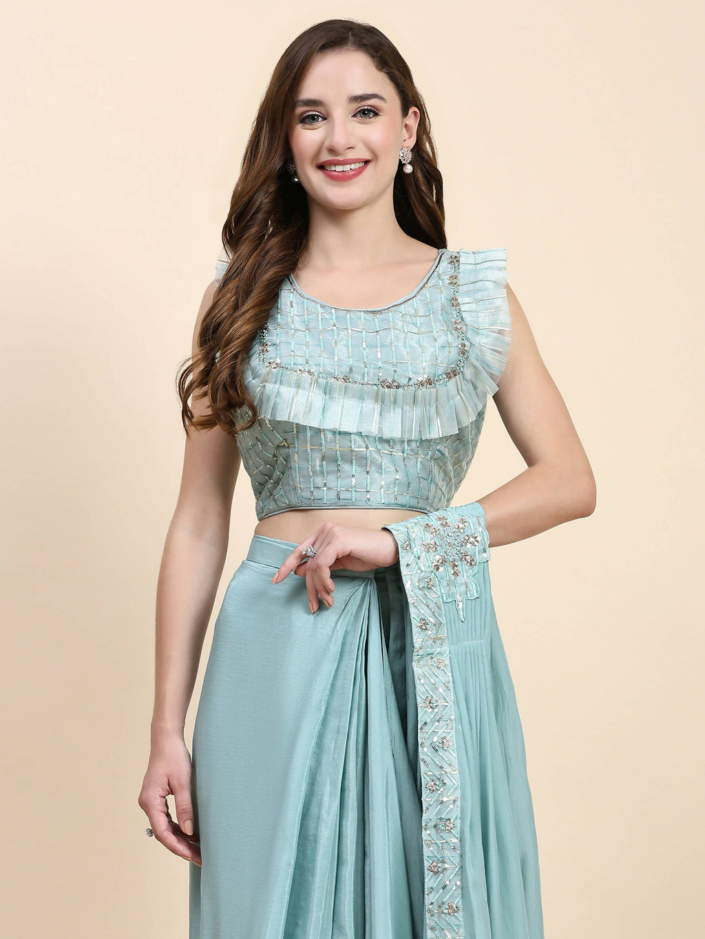 Sky Blue Silk Satin Solid Ready to wear Saree with stitched Blouse - Satiksha