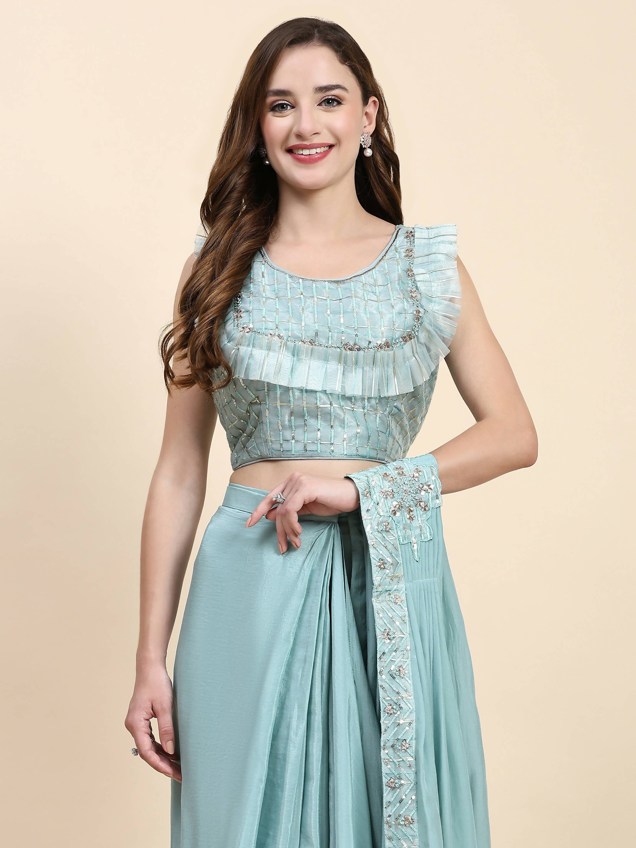 Sky Blue Silk Satin Solid Ready to wear Saree with stitched Blouse - Satiksha