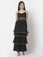 Myshka Women Black Rayon Solid Sleeveless Round Neck Kurta With Sharara & Dupatta Set