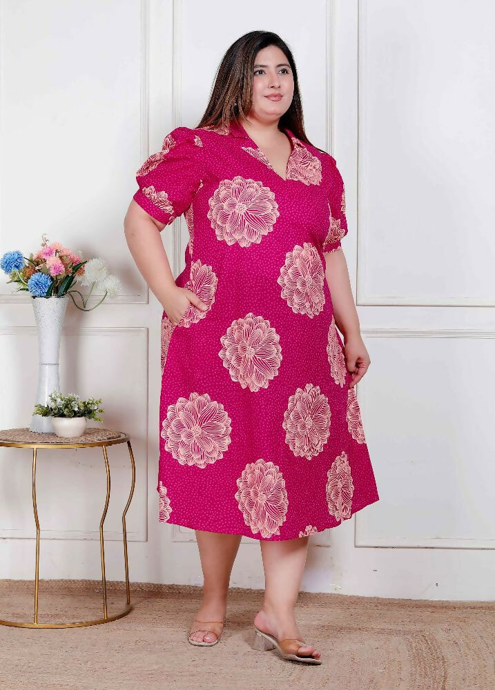 Miravan Plus Size Womens Pink Printed Collar Neck Short Puff Sleeves Cotton A-Line Maxi Dress - Distacart