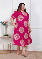 Miravan Plus Size Womens Pink Printed Collar Neck Short Puff Sleeves Cotton A-Line Maxi Dress - Distacart