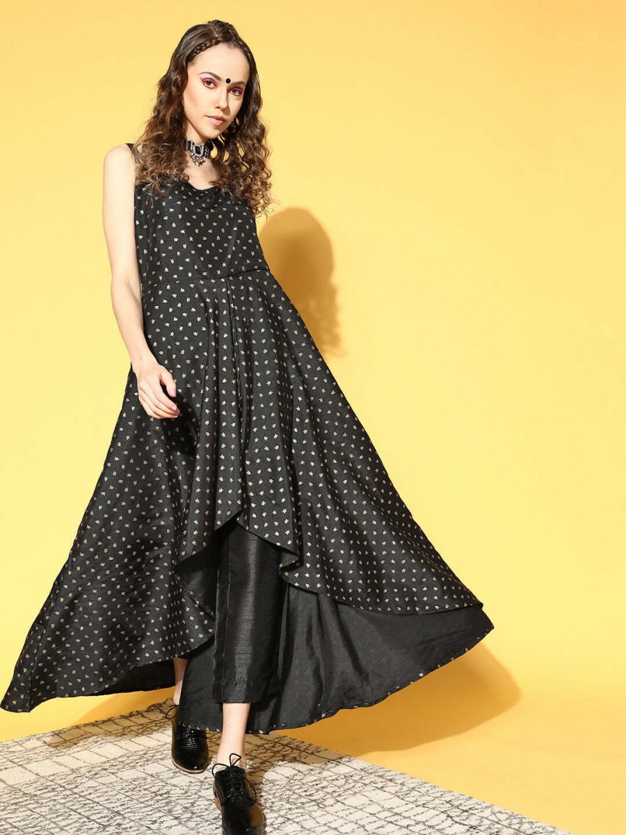 Ahalyaa Women Black Colour Poly Silk Gold Printed Kurta Pant Set - Distacart