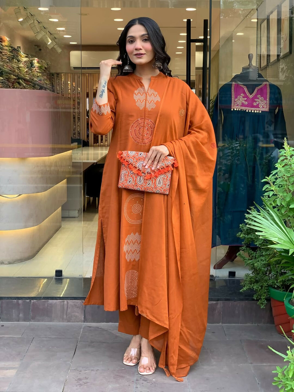 The52 Orange Women's Gorgeous Chanderi Fabric Embroidered Work Straight Kurta Pant and Dupatta Set - Distacart