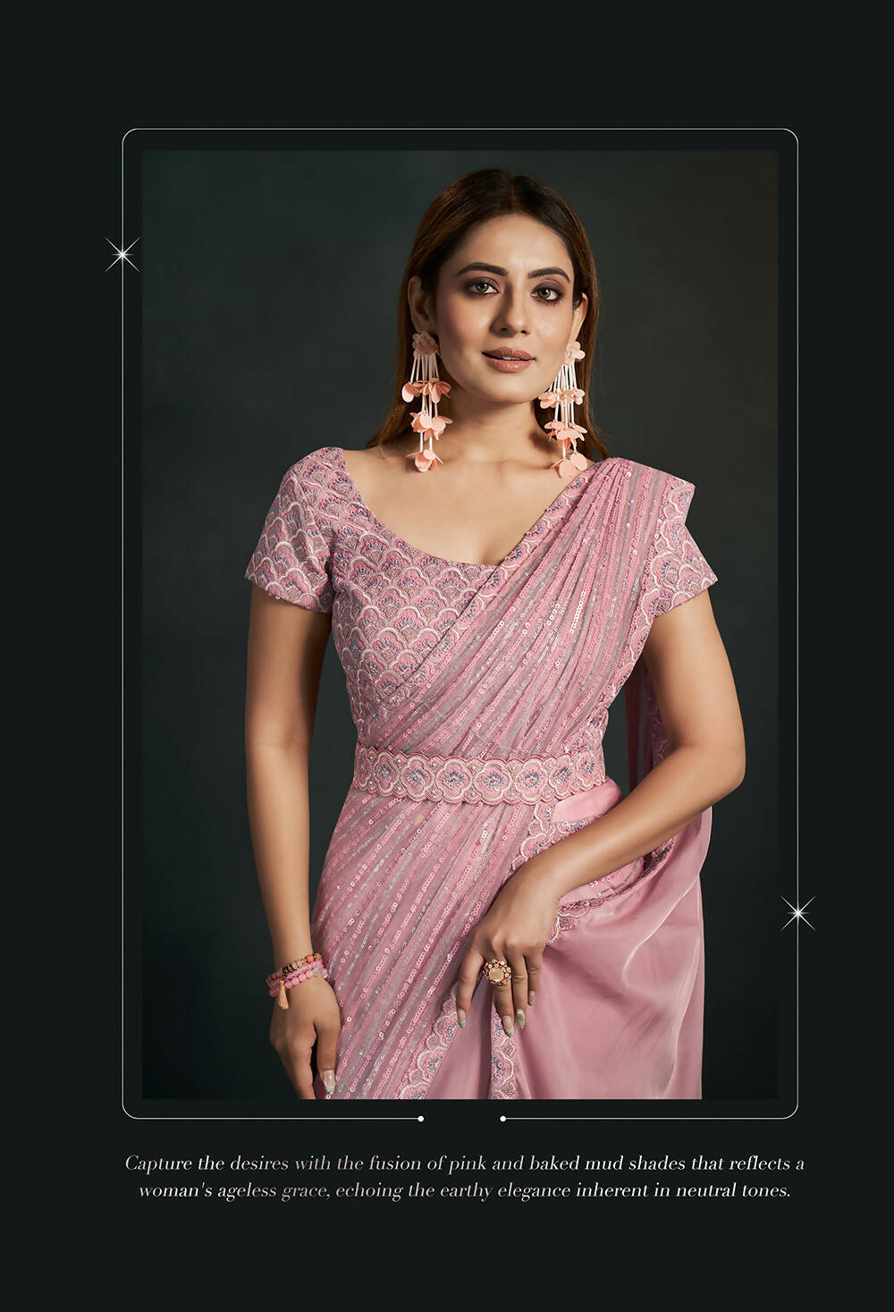 Light Pink Silk Crepe Satin Cord Sequence & Thread Embroidered & Stone Work Saree - Moh-Manthan Royal Enigma