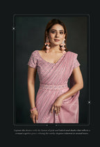 Light Pink Silk Crepe Satin Cord Sequence & Thread Embroidered & Stone Work Saree - Moh-Manthan Royal Enigma