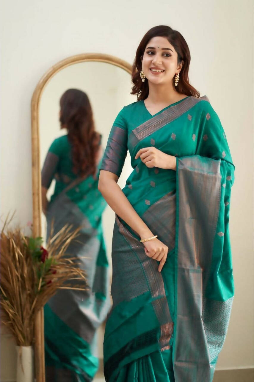 DEIANA'S Beautiful Designer Golden zari Soft Lichi Silk Saree - Rama