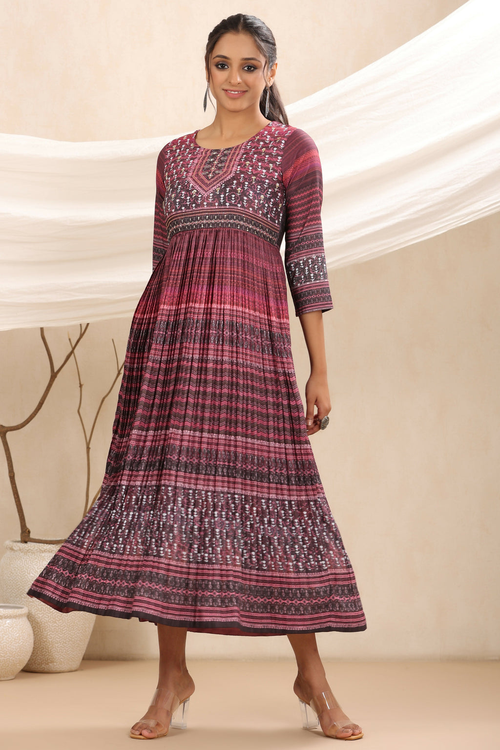 Juniper Purple muslin maxi dress with ethnic motif print with sequins & beads work - Distacart
