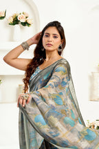 Joban Fashion  Dusty Brown Floral & Ethnic Motifs Linen Ready To Wear Saree With Unstitched Blouse - Distacart