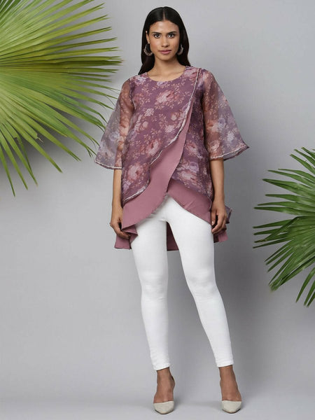 Ahalyaa Women Mauve Organza Digital Printed Tunic