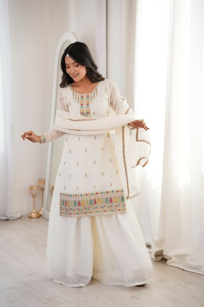 Lehenga Mart Designer Sharara Suit With Kurta, Sharara, Dupatta For Women-Off White - Distacart