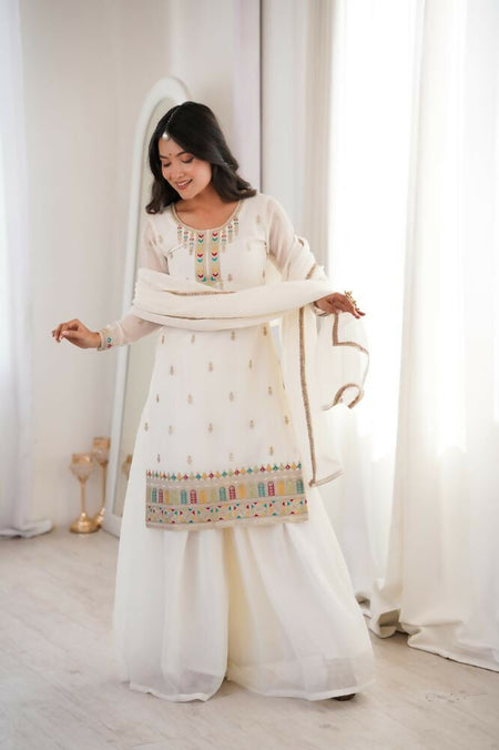 Lehenga Mart Designer Sharara Suit With Kurta, Sharara, Dupatta For Women-Off White