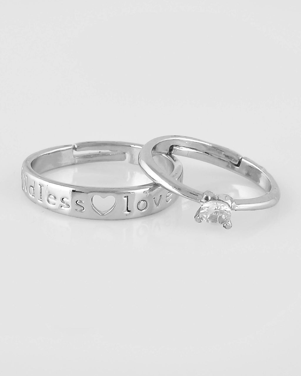 VOJ Stainless Steel Cubic Zirconia Silver Plated Adjustable Ring Set for Couple