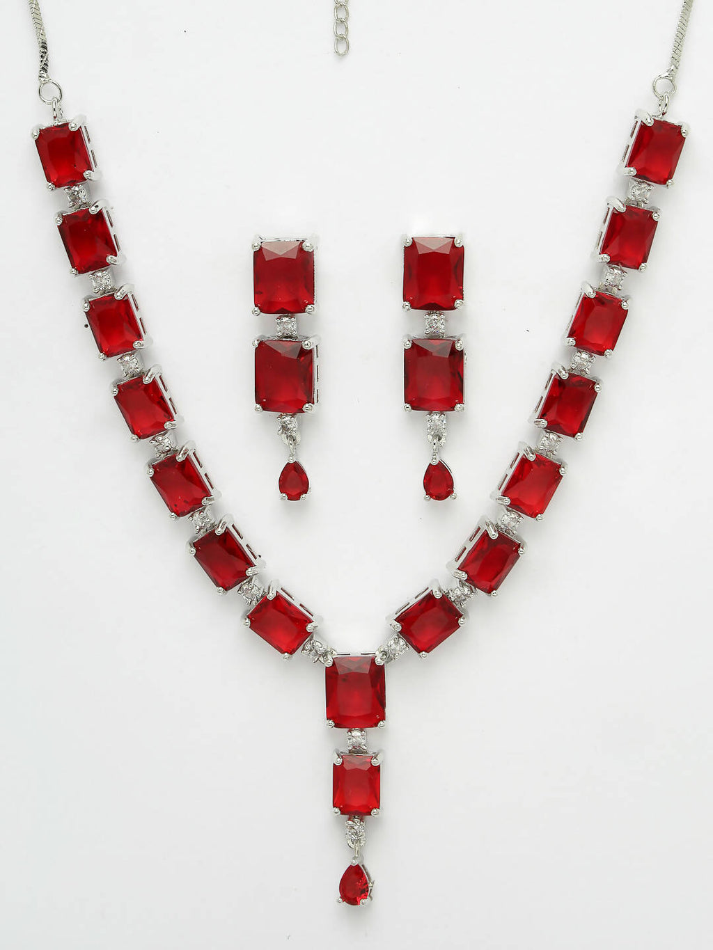 NVR Women Silver Plated & Maroon Cz Stone Handcrafted Jewellery Set