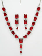 NVR Women Silver Plated & Maroon Cz Stone Handcrafted Jewellery Set