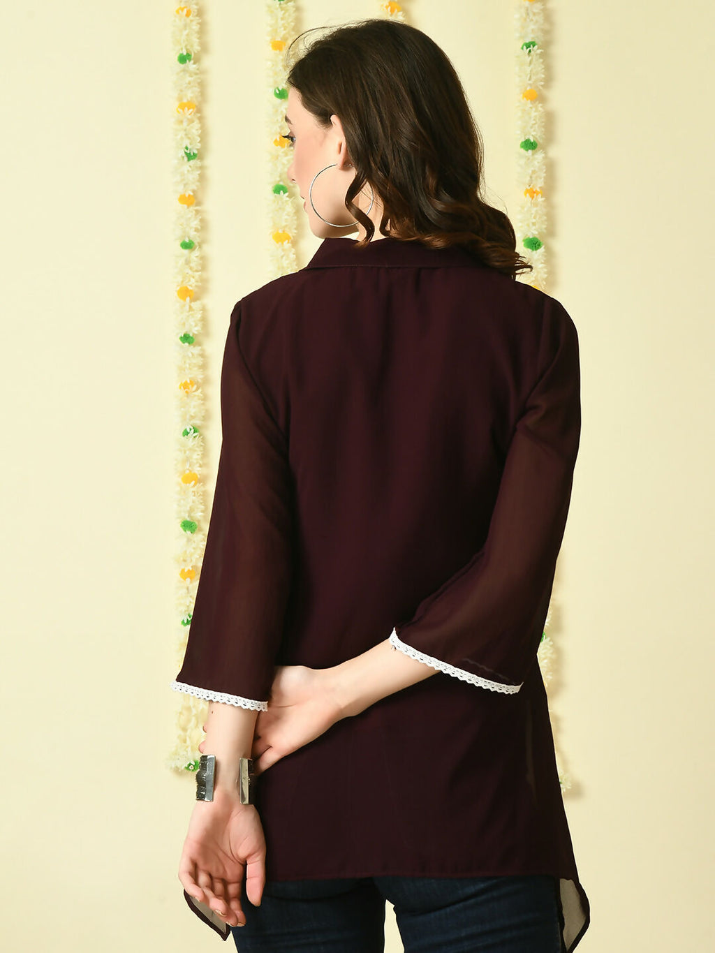Myshka Women's Coffee Brown Embroidered Party Fusion Top