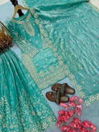 Teeya Creation Turquoise Pure Silk Gimmy Silk Heavy Embroidery Work Wedding Wear Palazzo Pair - Distacart