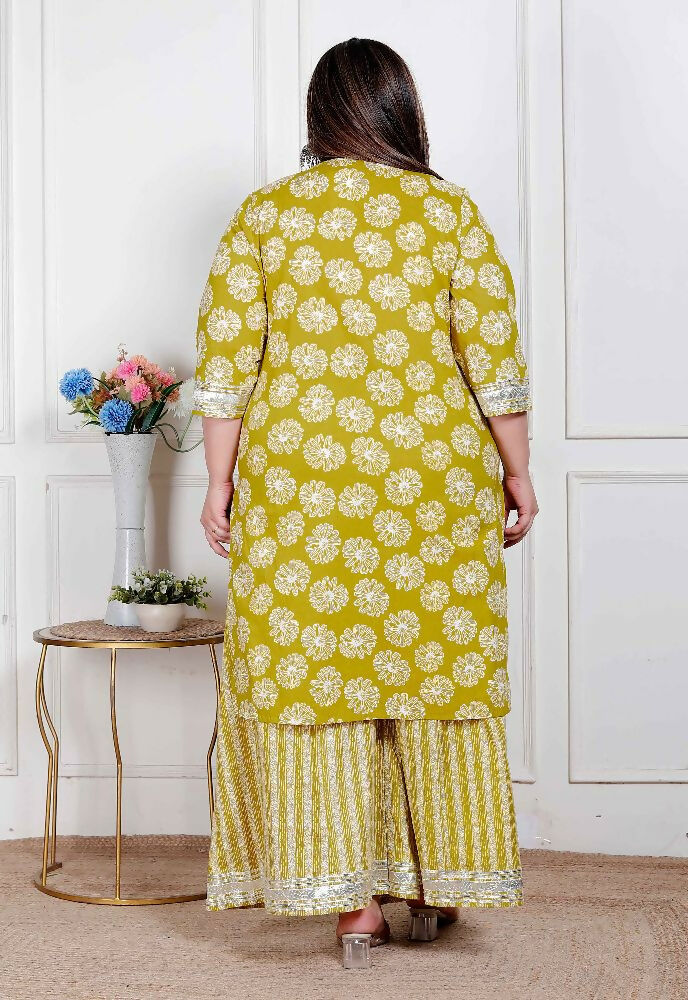 Miravan Plus Size Women'S Lime Yellow Block Printed Kurta With Palazzo - Distacart
