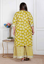 Miravan Plus Size Women'S Lime Yellow Block Printed Kurta With Palazzo - Distacart