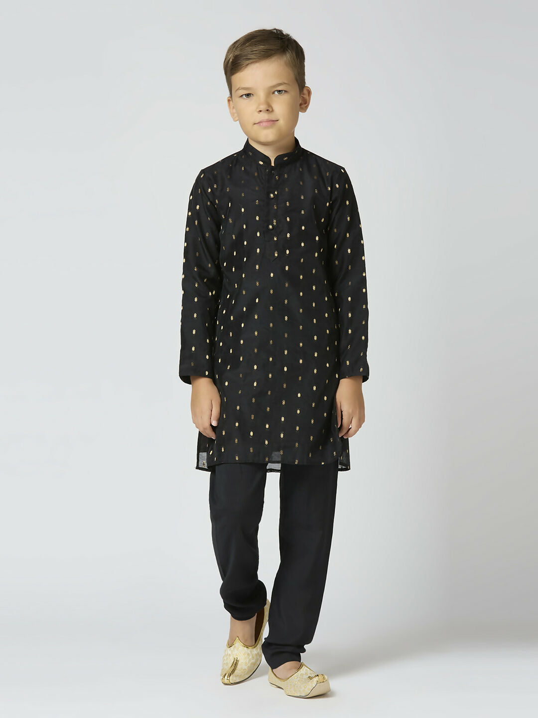 Joban Fashion Kids Island Full Sleeves Chanderi Kurta, Pyjama Set with Traditional Butta Work - Black - Distacart