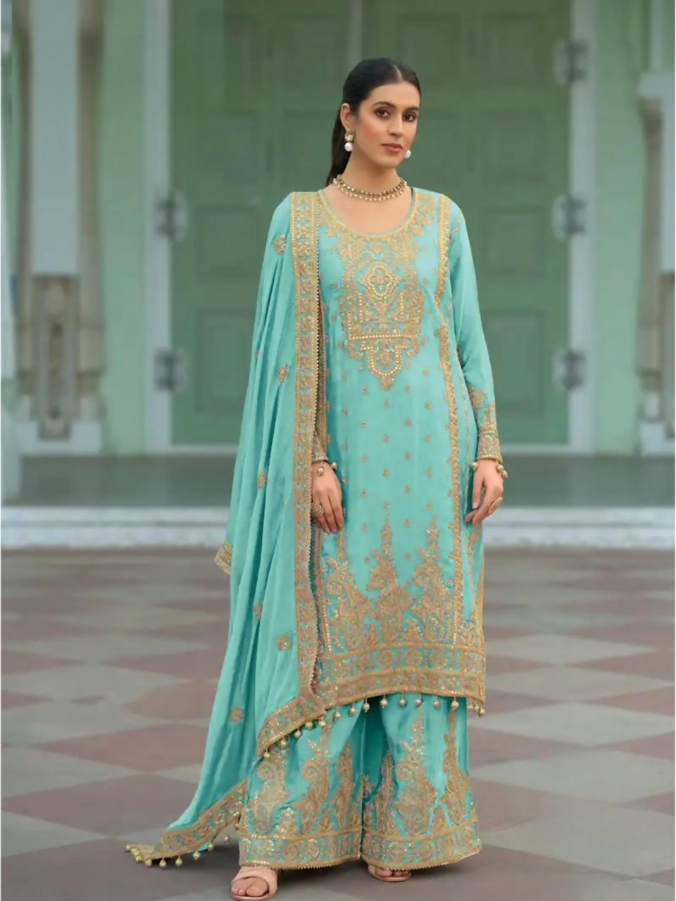 Anaita Sky-Blue Heavy Chinon Readymade Palazzo Suit with Heavy Embroidery Work - Distacart