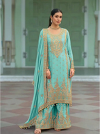 Anaita Sky-Blue Heavy Chinon Readymade Palazzo Suit with Heavy Embroidery Work - Distacart