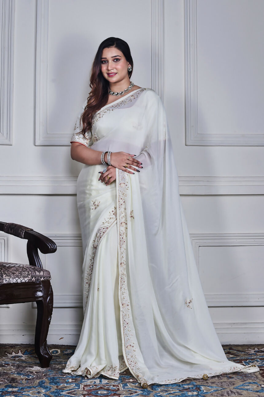 Morchari Off White Chiffon Hand Embroidery Saree Stitched Blouse - Distacart