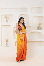 Yellow Satin Pedding Designer, Printed Party Wear Ready To Wear Saree - Femina