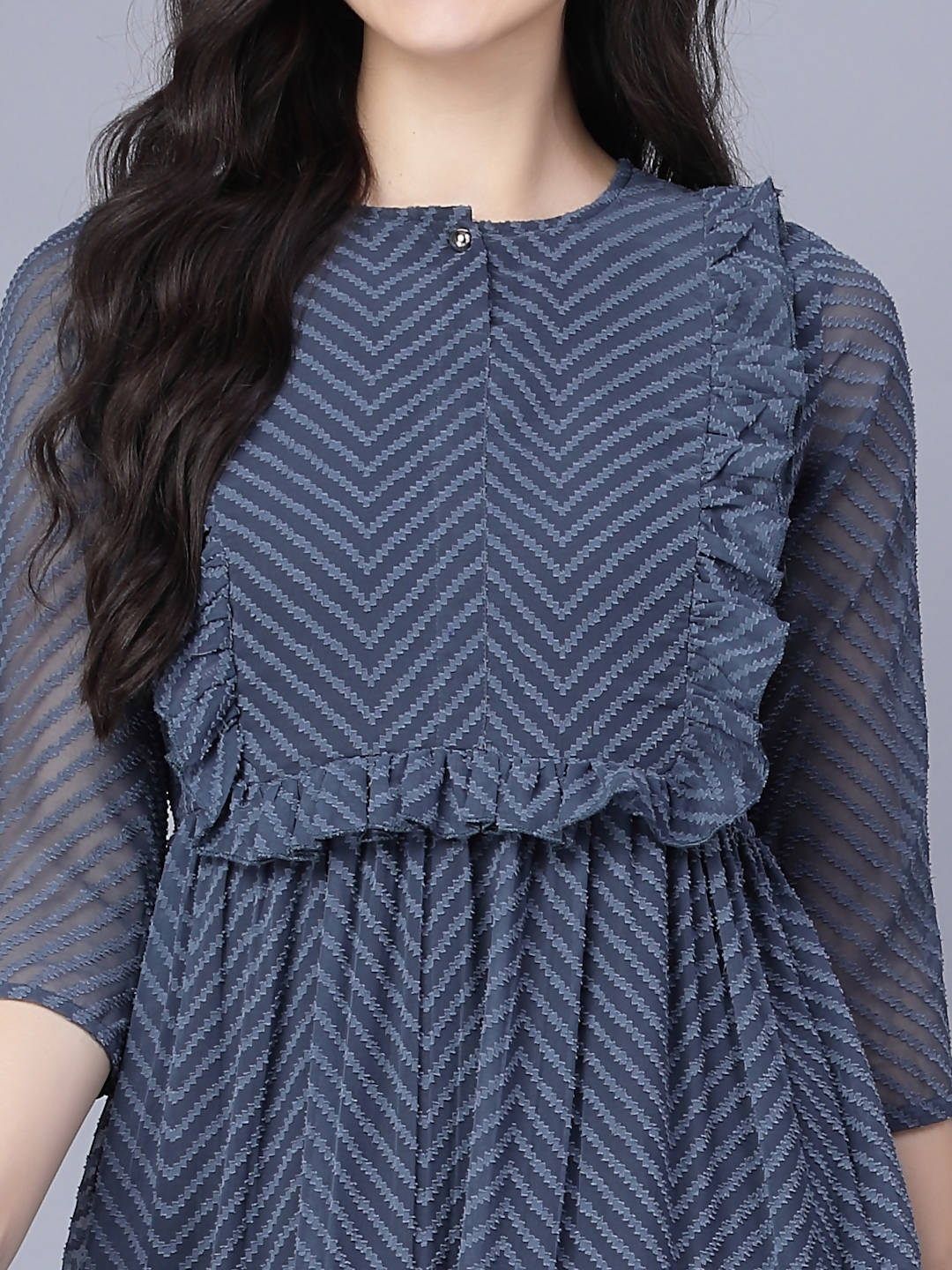 Myshka Georgette Solid 3/4 Sleeve Round Dark Grey Women Dress - Distacart