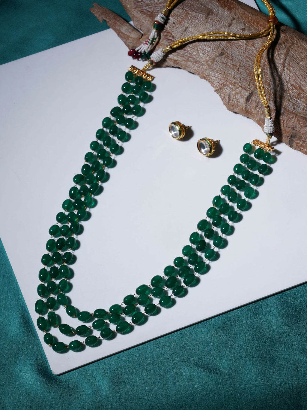 Long Layered Green Neckpiece wtih Kundan Studs Jewellery Set (Green) - Ruby Raang