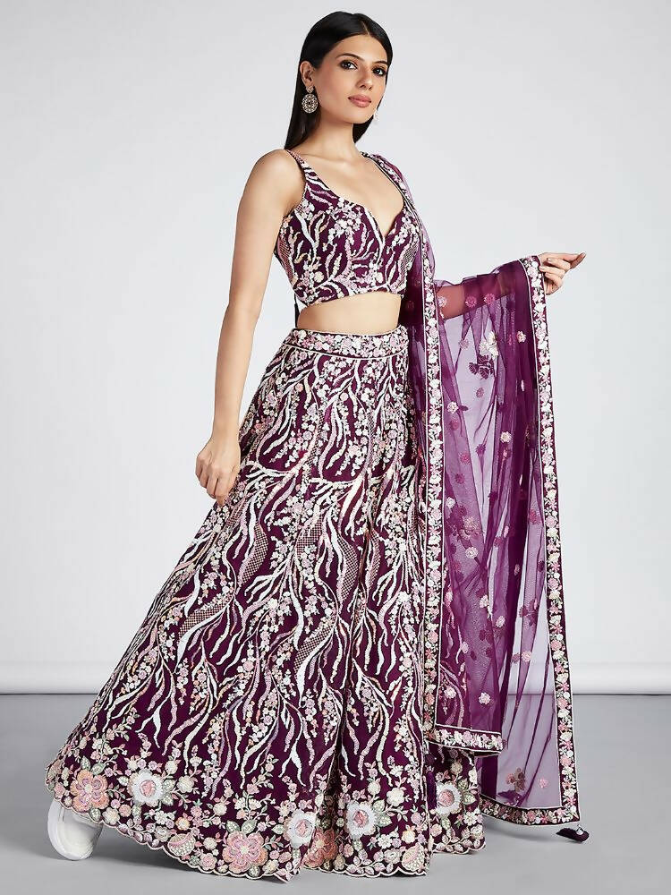 House of Panchhi Burgundy Net Sequins And Thread Embroidery Lehenga Choli & Dupatta