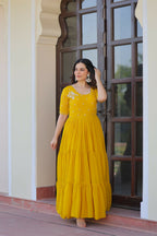 Joban Fashion Yellow Georgette Sequence Embroidery Work Gown - Distacart