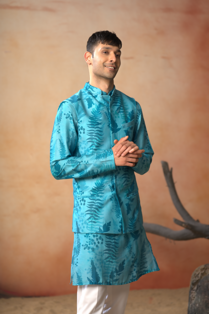 Breezy Leaves Print Cotton Nehru Jacket Set by Hilo Design