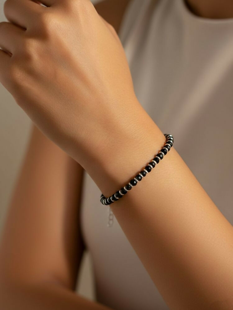 NVR Women Silver Plated Black Beaded Adjustable Bracelet - Distacart