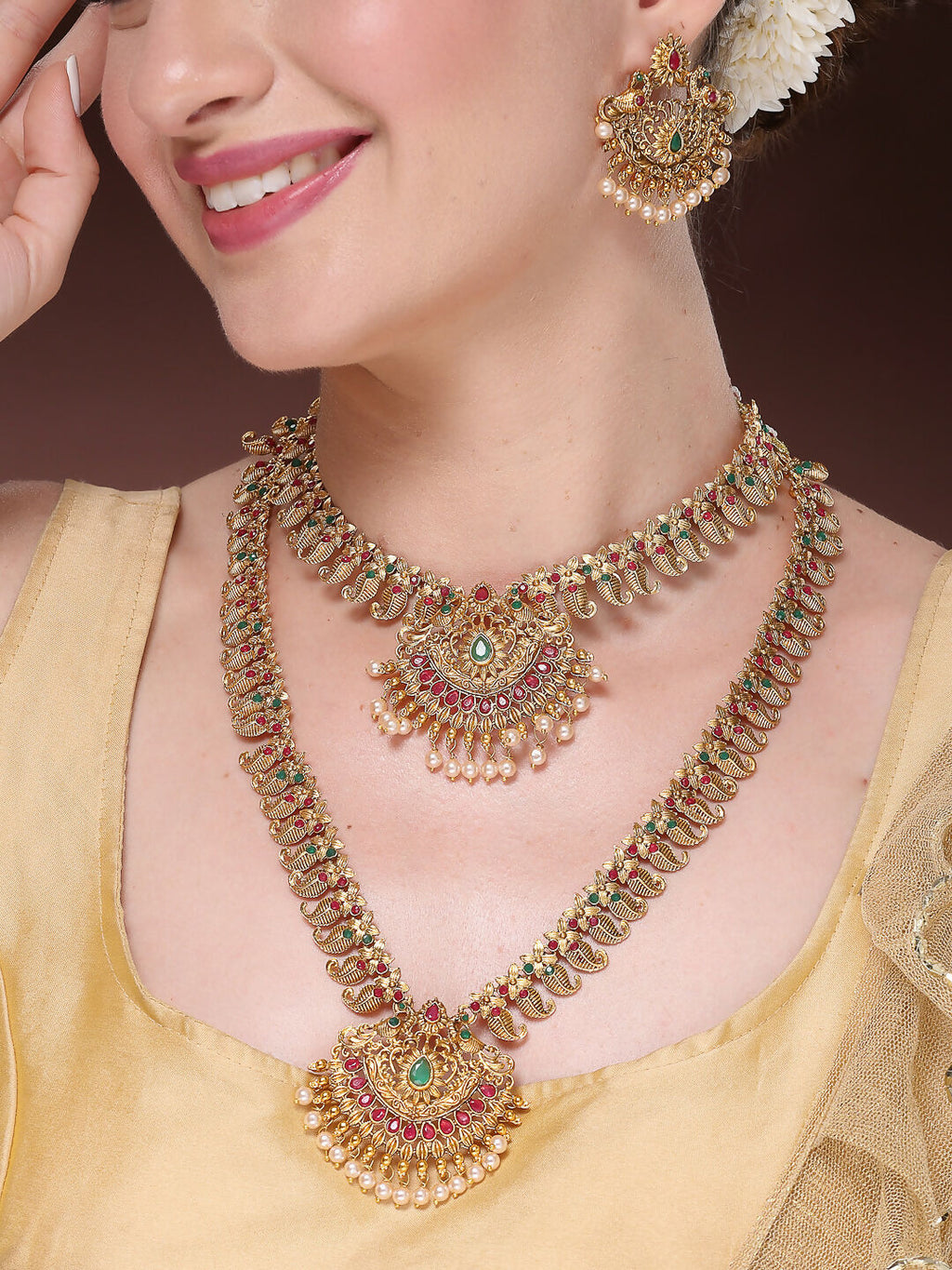 NVR Women's Set of 2 Gold-Polished Green & Pink Stone Studded Peacock Design Temple Jewellery Set