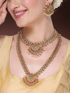 NVR Women's Set of 2 Gold-Polished Green & Pink Stone Studded Peacock Design Temple Jewellery Set