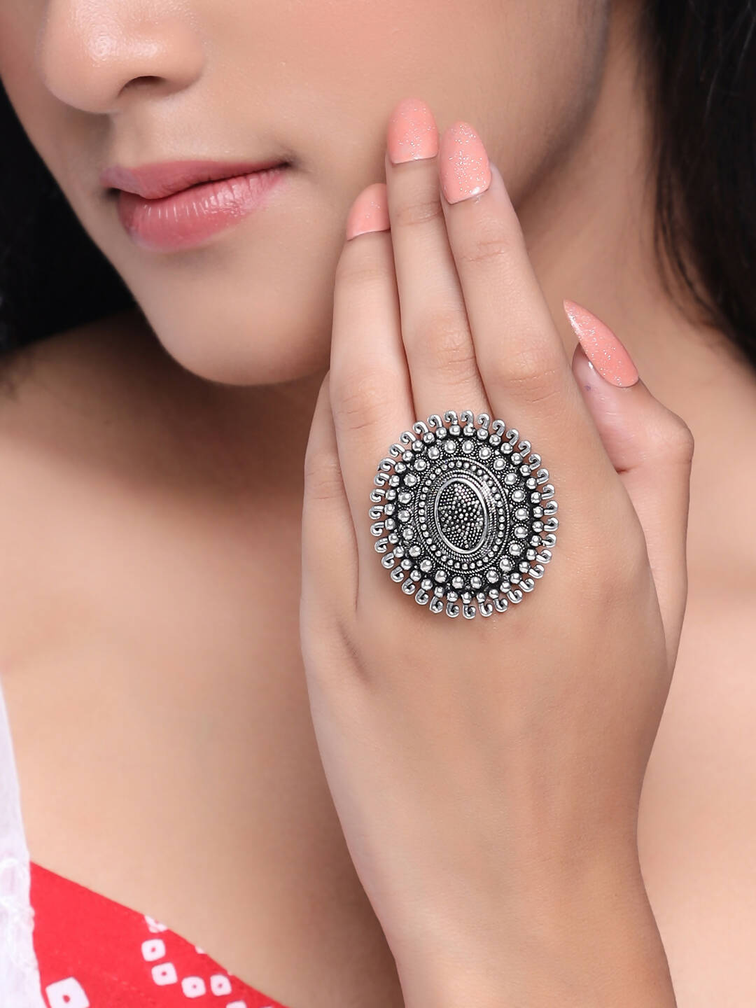 NVR Women's Oxidised Silver Plated Adjustable Finger Ring