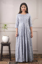 Partywear Designer Hand Screen and Foil Print Lightsteelgrey Pure chanderi Gown - Anbazaar - Distacart