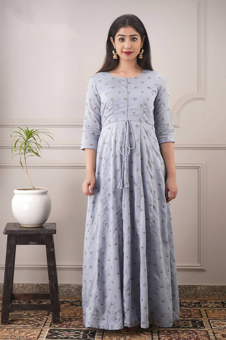 Partywear Designer Hand Screen and Foil Print Lightsteelgrey Pure chanderi Gown - Anbazaar