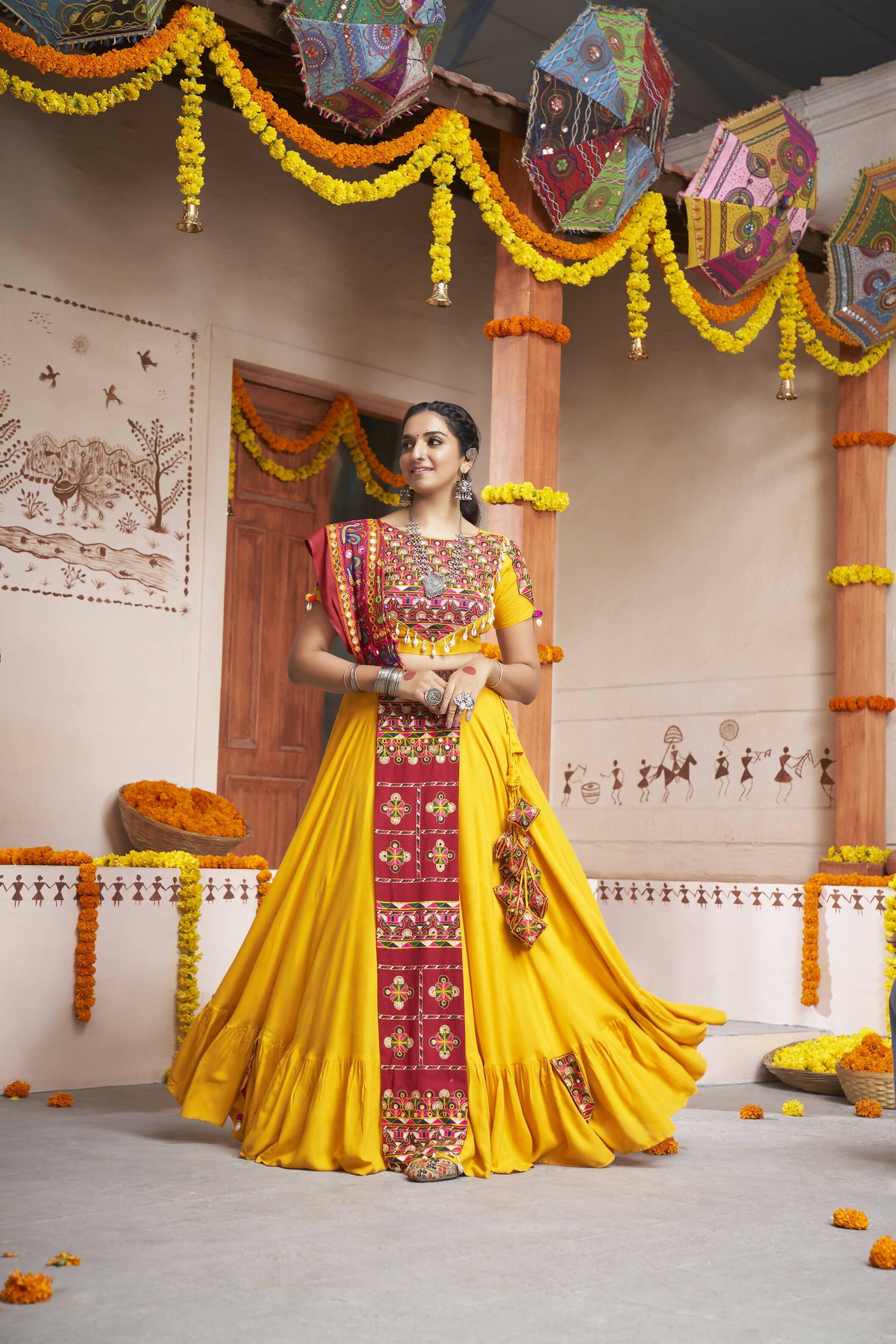 Yellow Viscose Rayon Thread Embroidery with mirror work Navratri Lehenga Choli with Dupatta - Raas