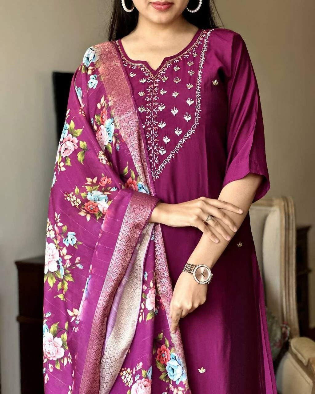 The52 Wine Women's Gorgeous Embroidered Rayon Fabric Straight Kurta Pant with Dupatta Set - Distacart
