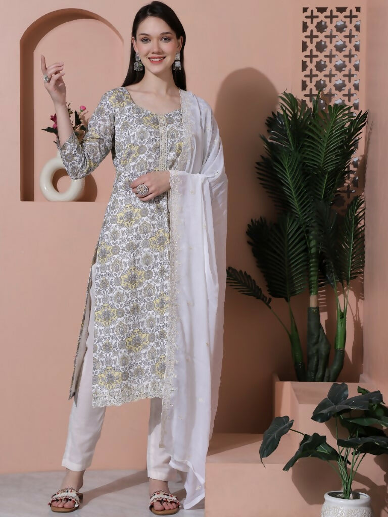Jyoti Fashion Women's Off White Cotton Floral Digital Printed Kurta with Trouser & Dupatta