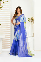 Vastranavya Blue Digital Printed Linen Ready To Wear Designer Saree with Unstitched Blouse - Distacart