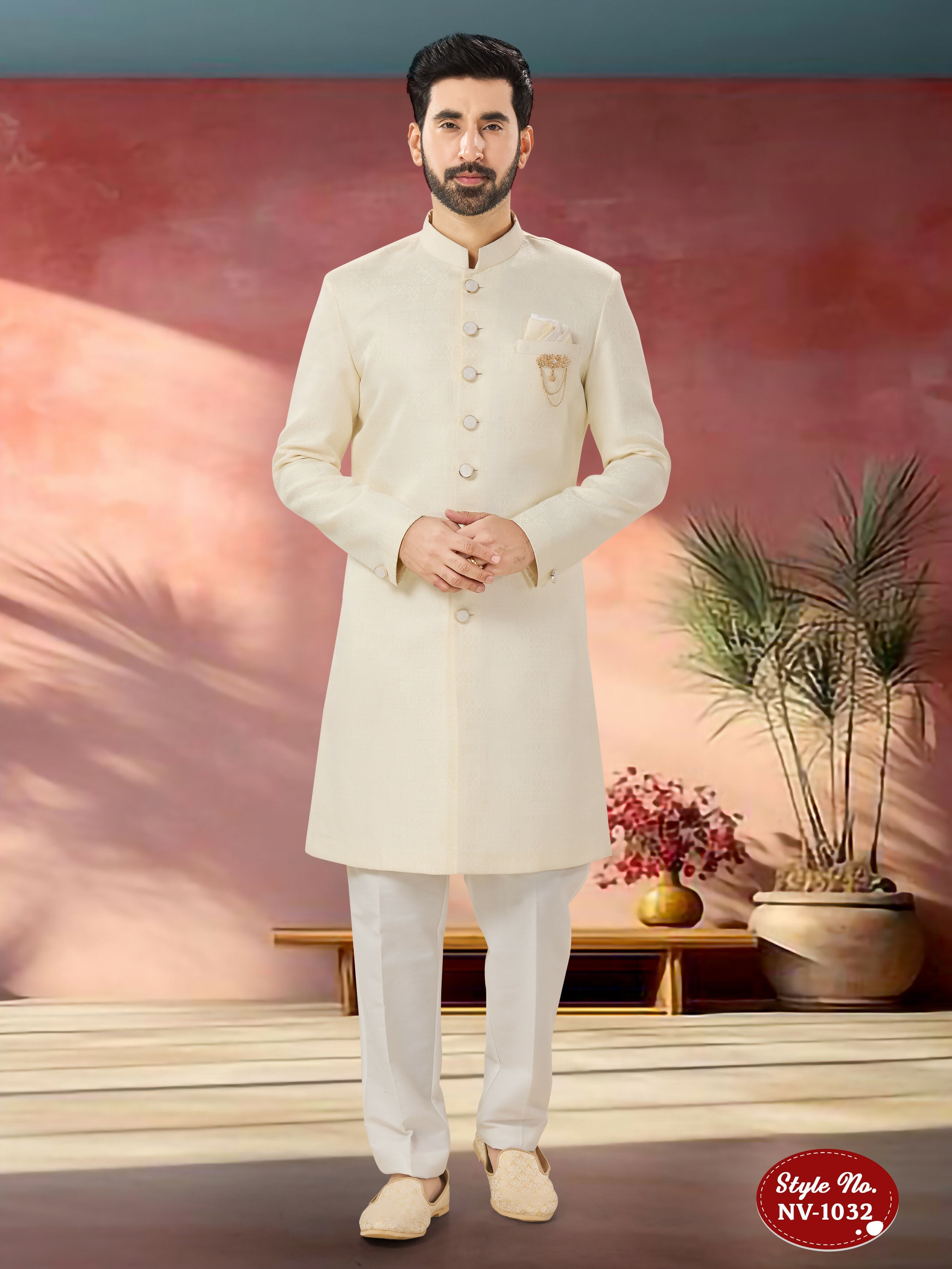Joban Fashion Men's White Straight Imported Tr Self-Design In Fabric Indo-Western Kurta Set