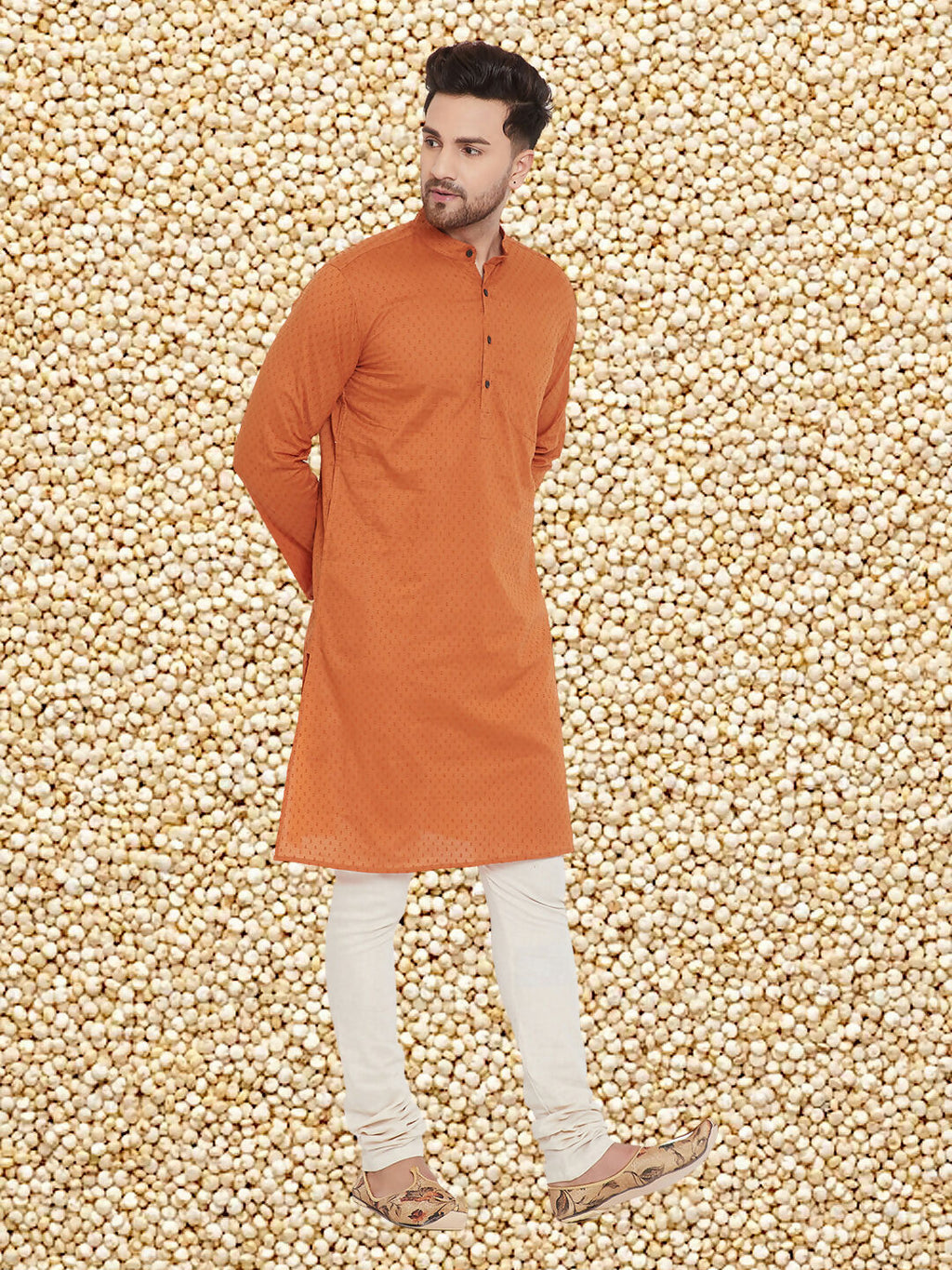 Even Apparels Men's Orange Emboided Cotton Kurta