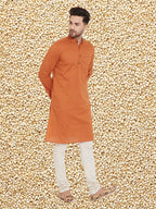 Even Apparels Men's Orange Emboided Cotton Kurta