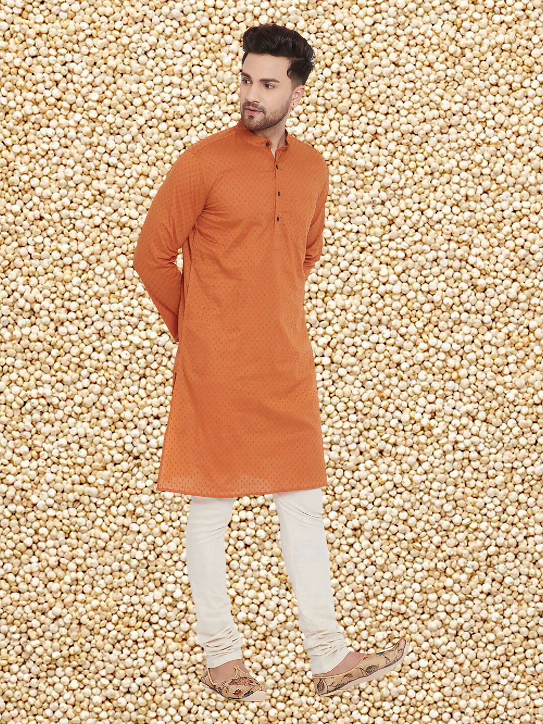Even Apparels Men's Orange Emboided Cotton Kurta